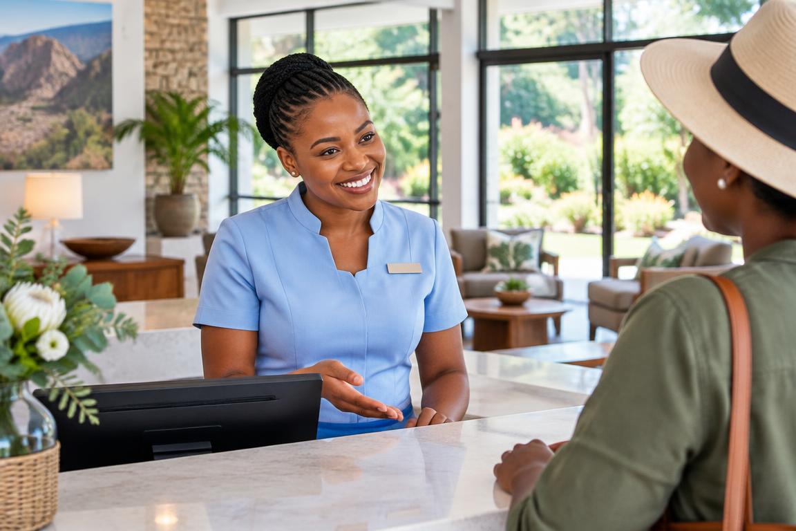 A hotel receptionist welcoming a guest